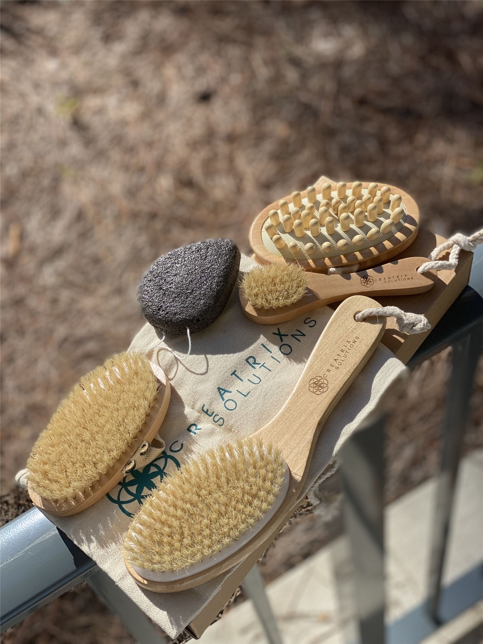 Natural bristle dry brushing and body detox brush set