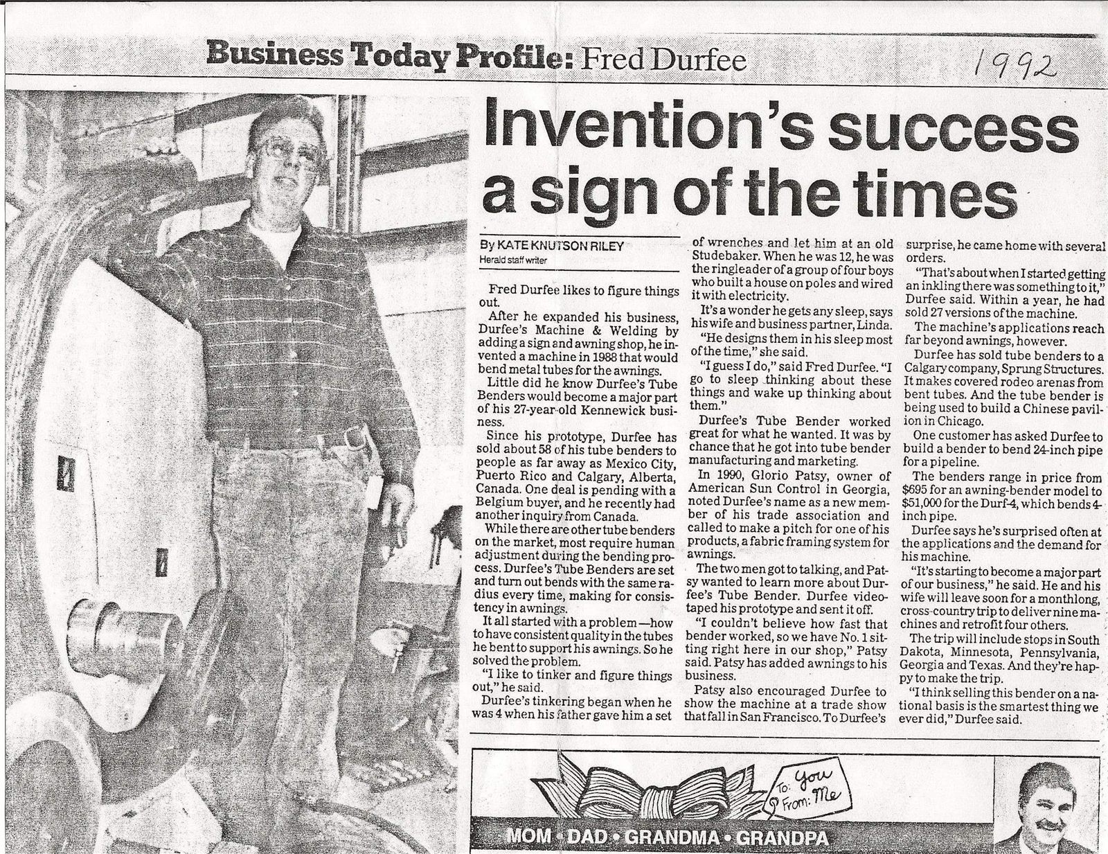 1992 Business Today newspaper profile of Fred Durfee: Invention's success a sign of the times