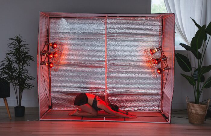 Sauna Fix near infrared sauna tent set up at home, ready for a session
