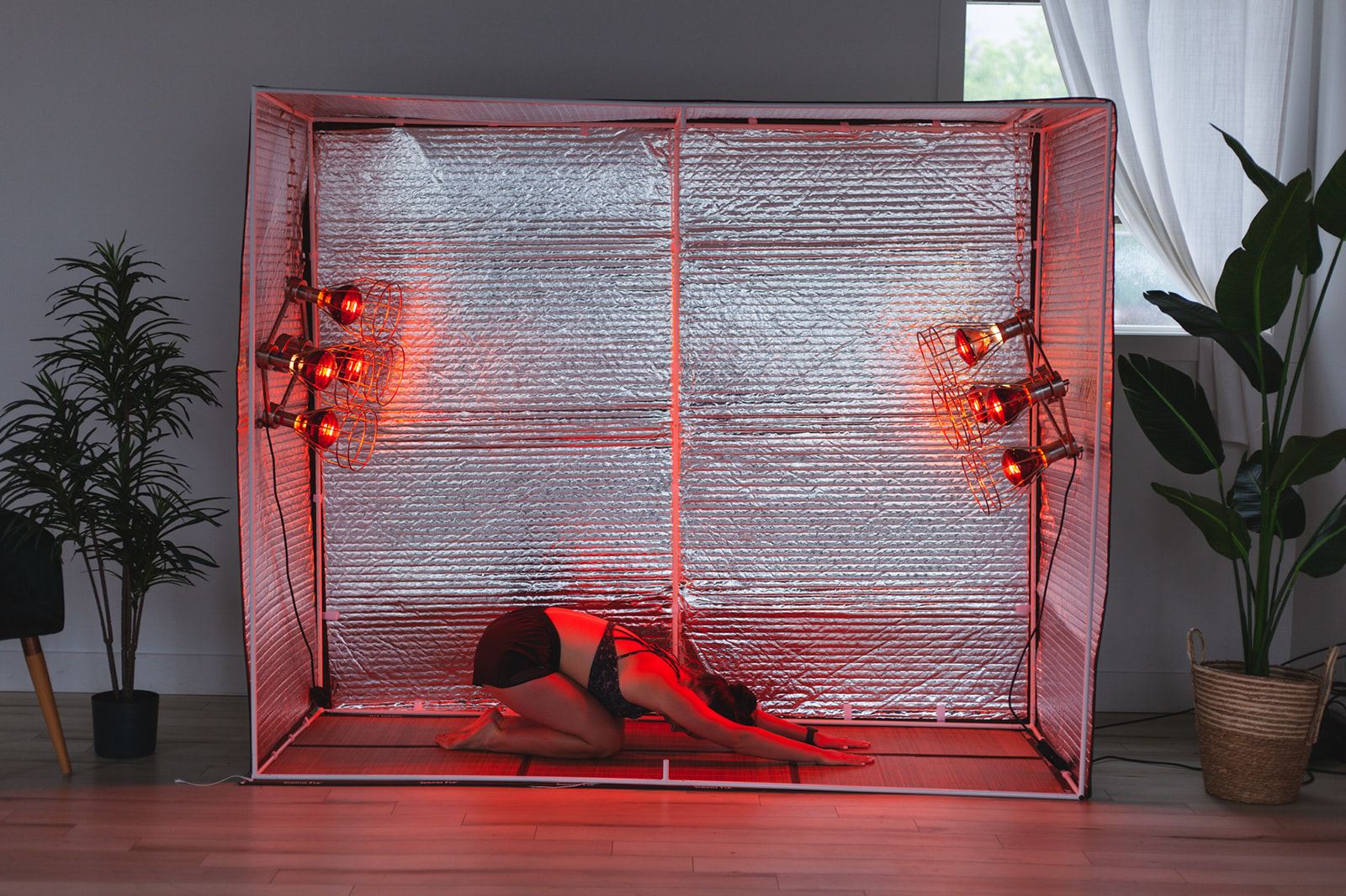 Sauna Fix near infrared sauna tent set up at home, ready for a session